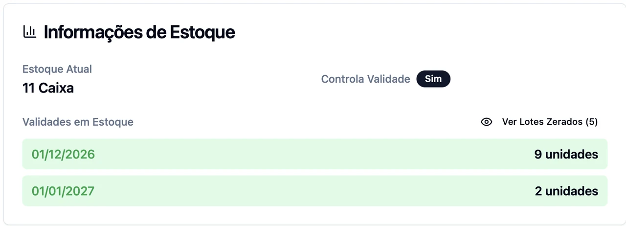 Tela do Vetios mostrando informações de estoque com controle de diferentes validades