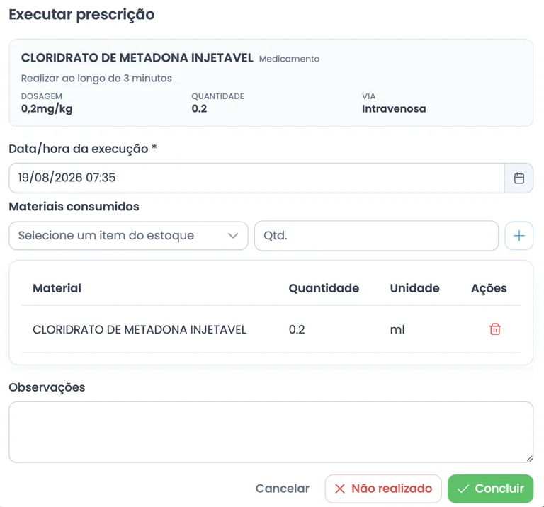 Tela de execução de prescrição do Vetios com dosagem, via e materiais consumidos