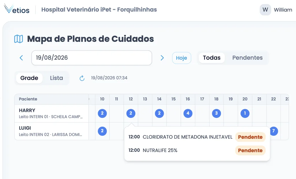 Mapa de planos de cuidados do Vetios com a grade de horários dos pacientes internados