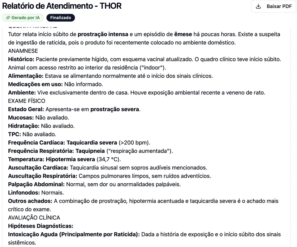Relatório de atendimento veterinário gerado com apoio da IA no Vetios