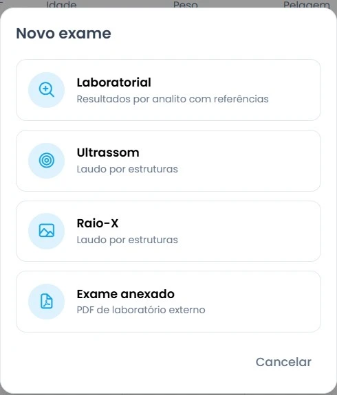 Tela do Vetios para inclusão de exames laboratoriais, ultrassom e raio-X
